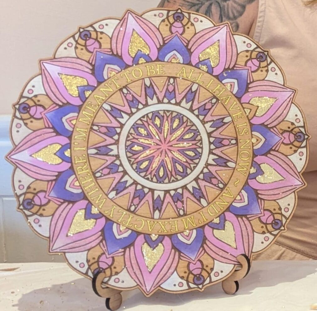 Gold leaf mandala with pink, purple and gold handmade at an Amberlights workshop in Norwich